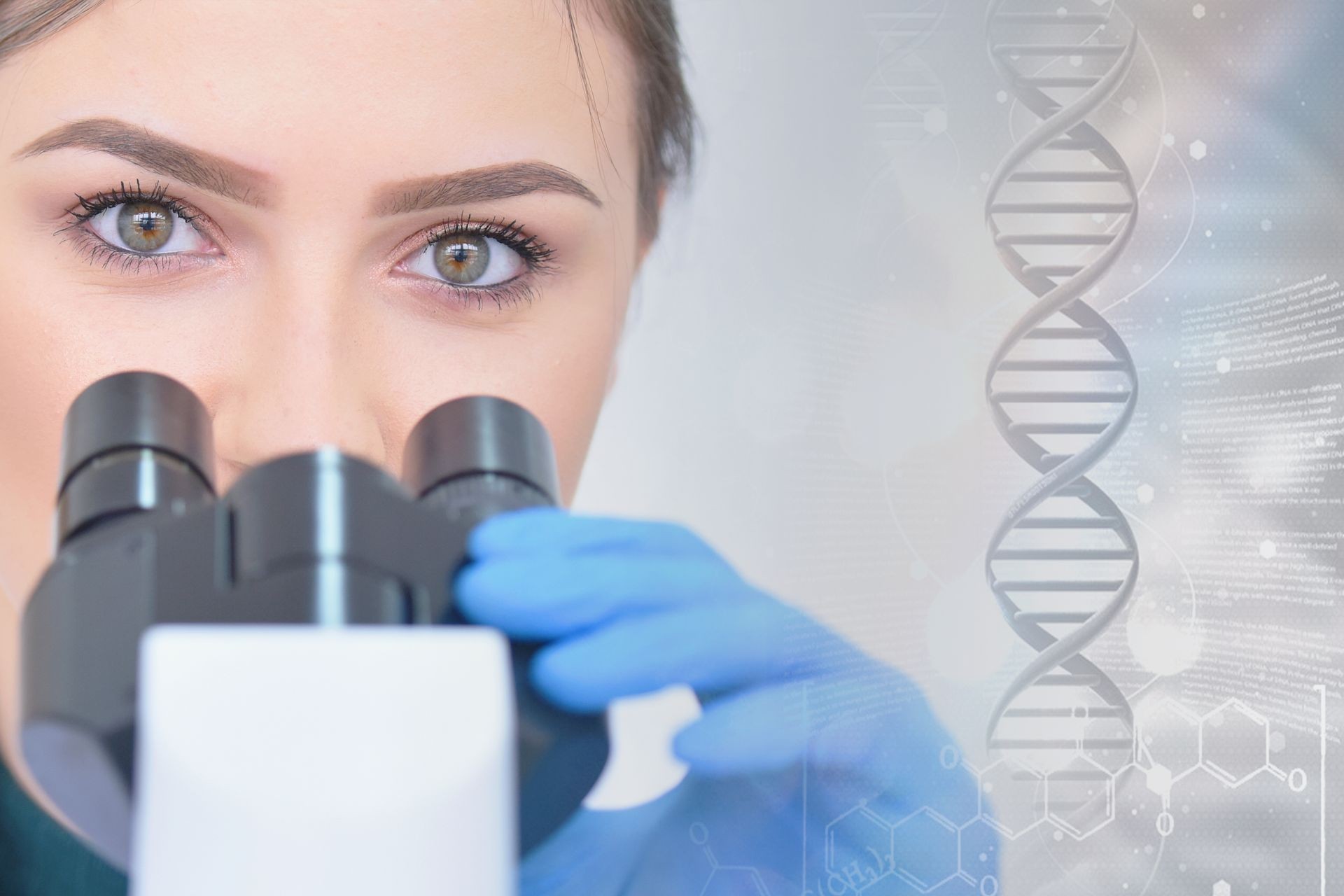 Young female Laboratory scientist working at lab with test tubes and microscope, test or research in clinical laboratory.Science, chemistry, biology, medicine and people concept.